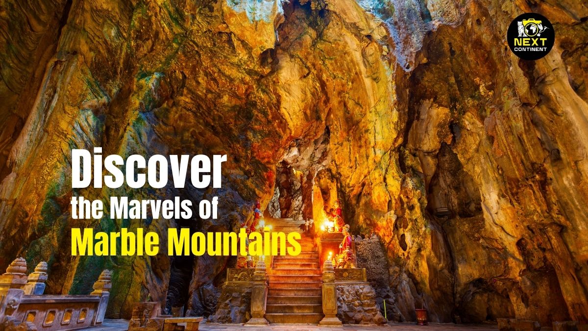 Discover Marble Mountain blog thumbnail with the inside of the caves lit up beautifully