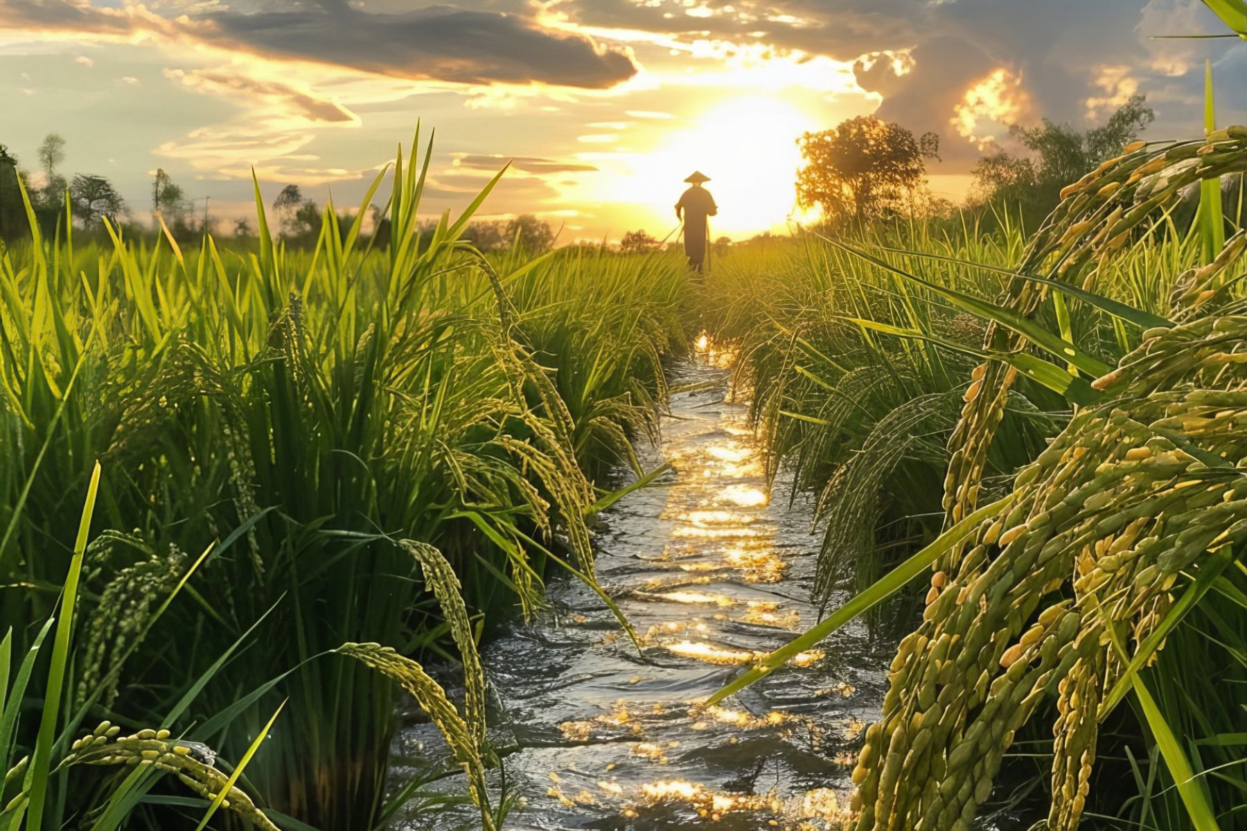 Golden hour in Hoi An with a man wearing a non la (traditional Vietnamese hat) walking along a channel through the paddy fields, bathed in sunset light