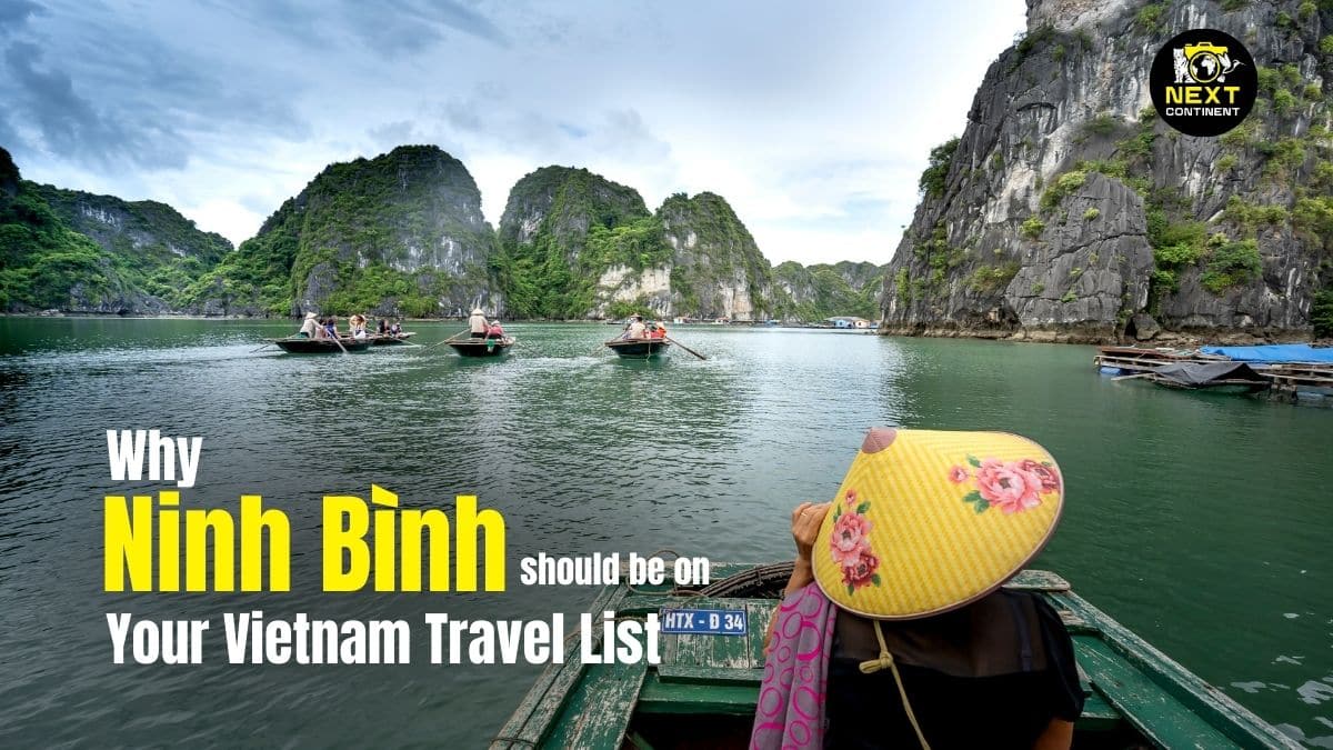 Scenic view of Ninh Bình's limestone karsts and traditional boats on the water