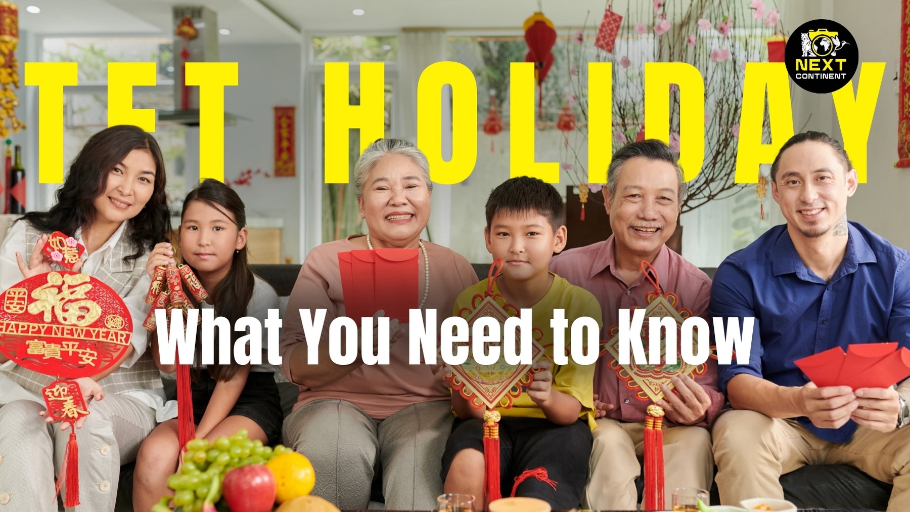 A Vietnamese family gathered together, celebrating Tet with traditional food and warm moments