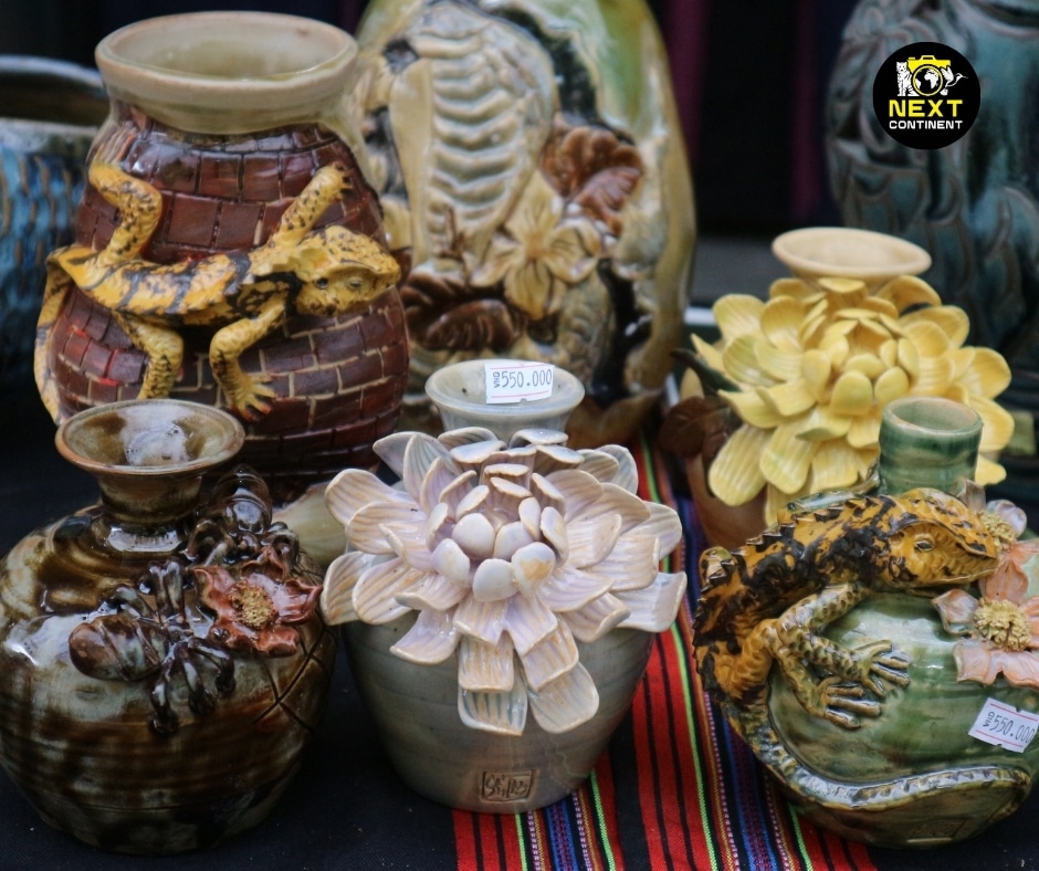 A collection of handcrafted ceramic vases from Thanh Hà Pottery Village, intricately designed with nature-inspired motifs such as blooming flowers and detailed lizard sculptures. The pottery showcases earthy tones and traditional craftsmanship, reflecting the village’s deep connection to nature and wildlife.